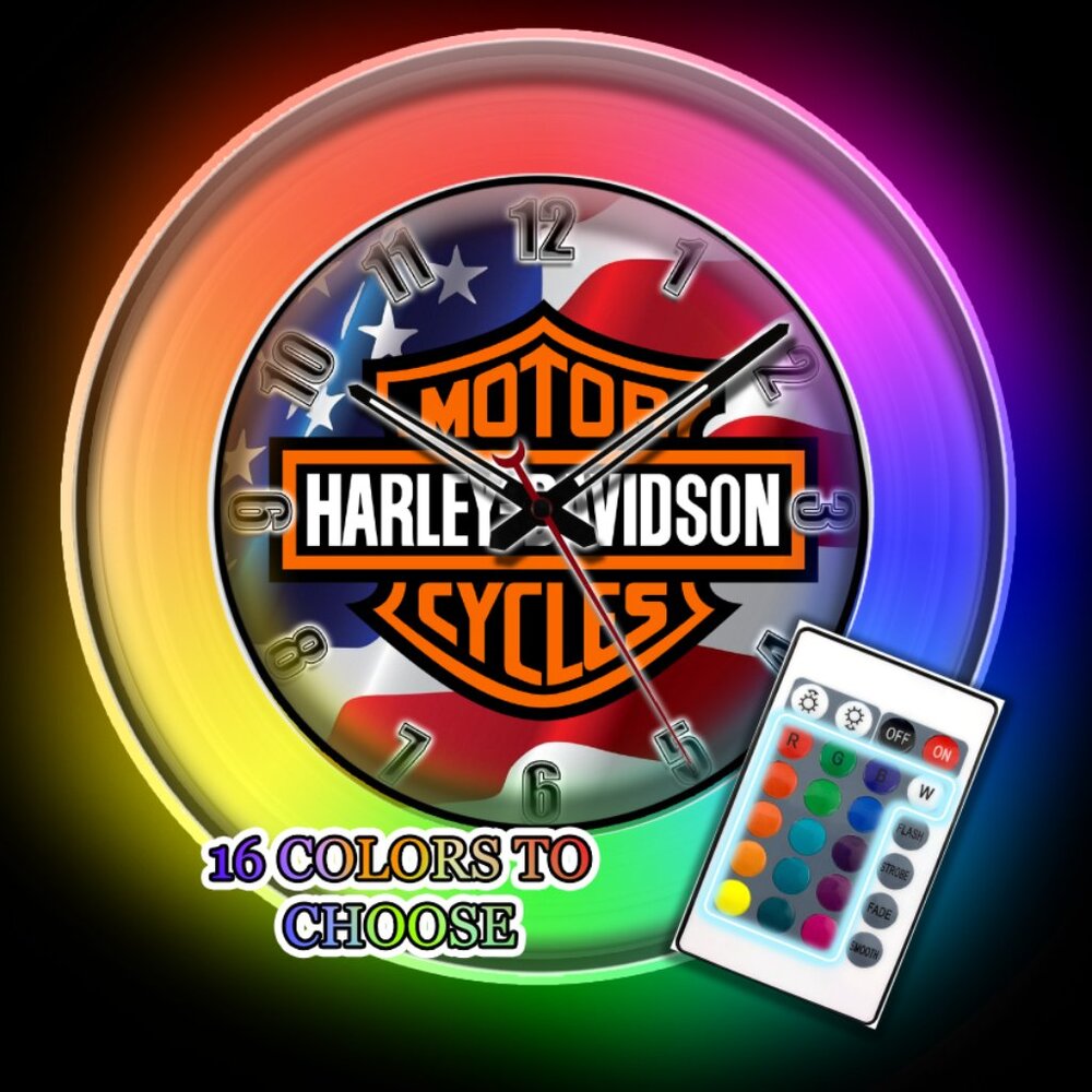 Harley Davidson LOGO USA FLAG RGB MULTI COLOR LED CLOCK NEW